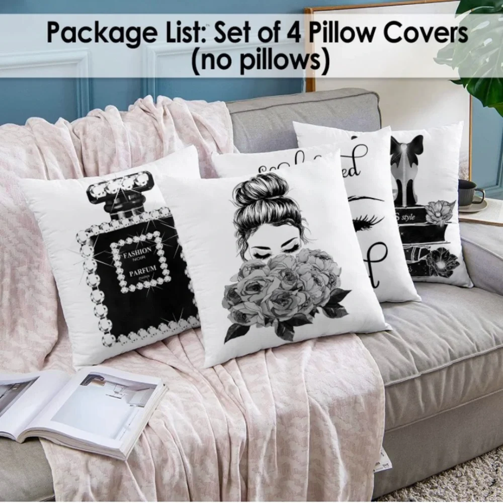 Set of 4 18x18 Decorative Pillow Covers Black White  Fashion Style